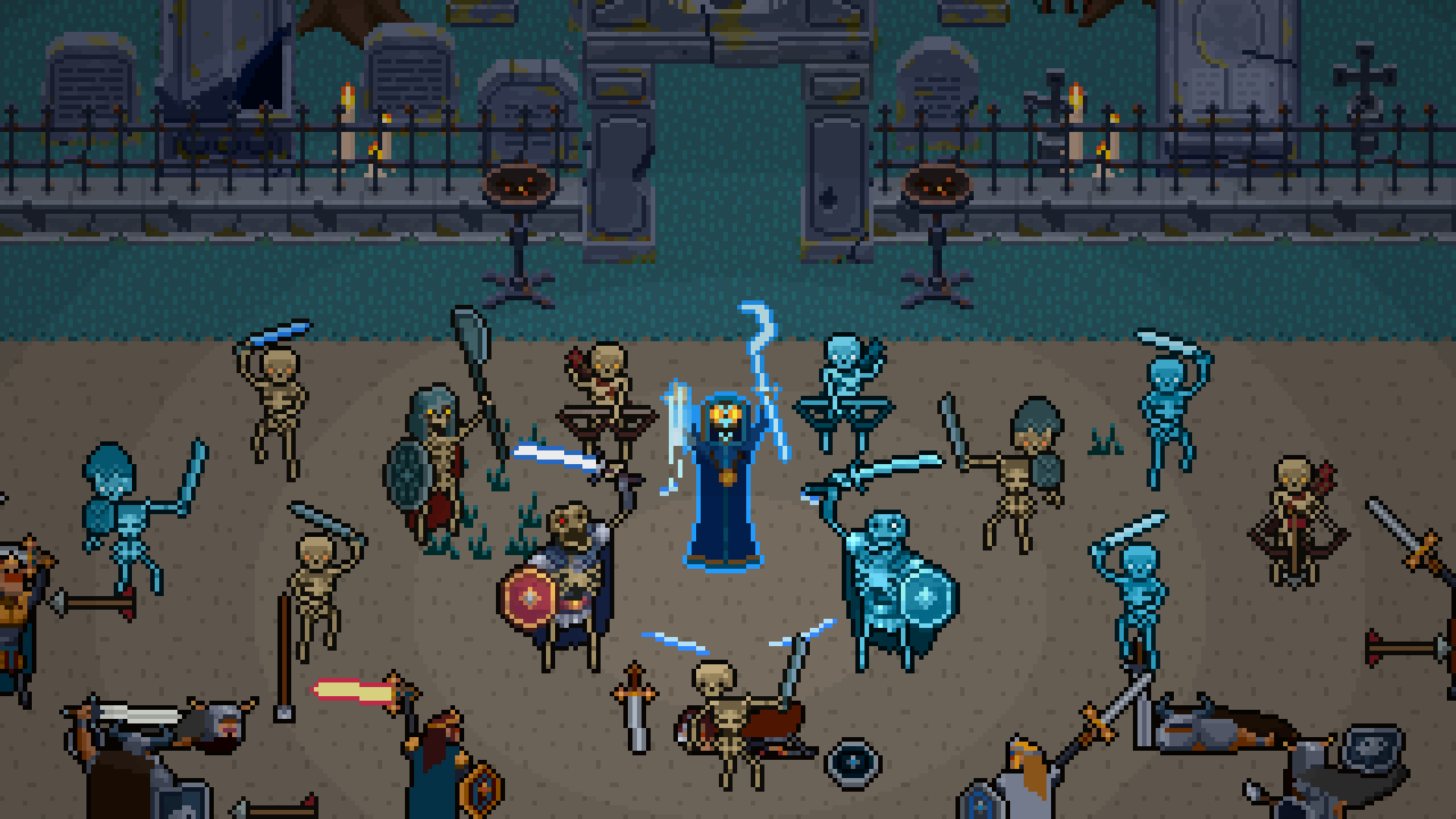 A hooded necromancer and a ring of skeleton warriors fight crusader knights in a moonlit graveyard.