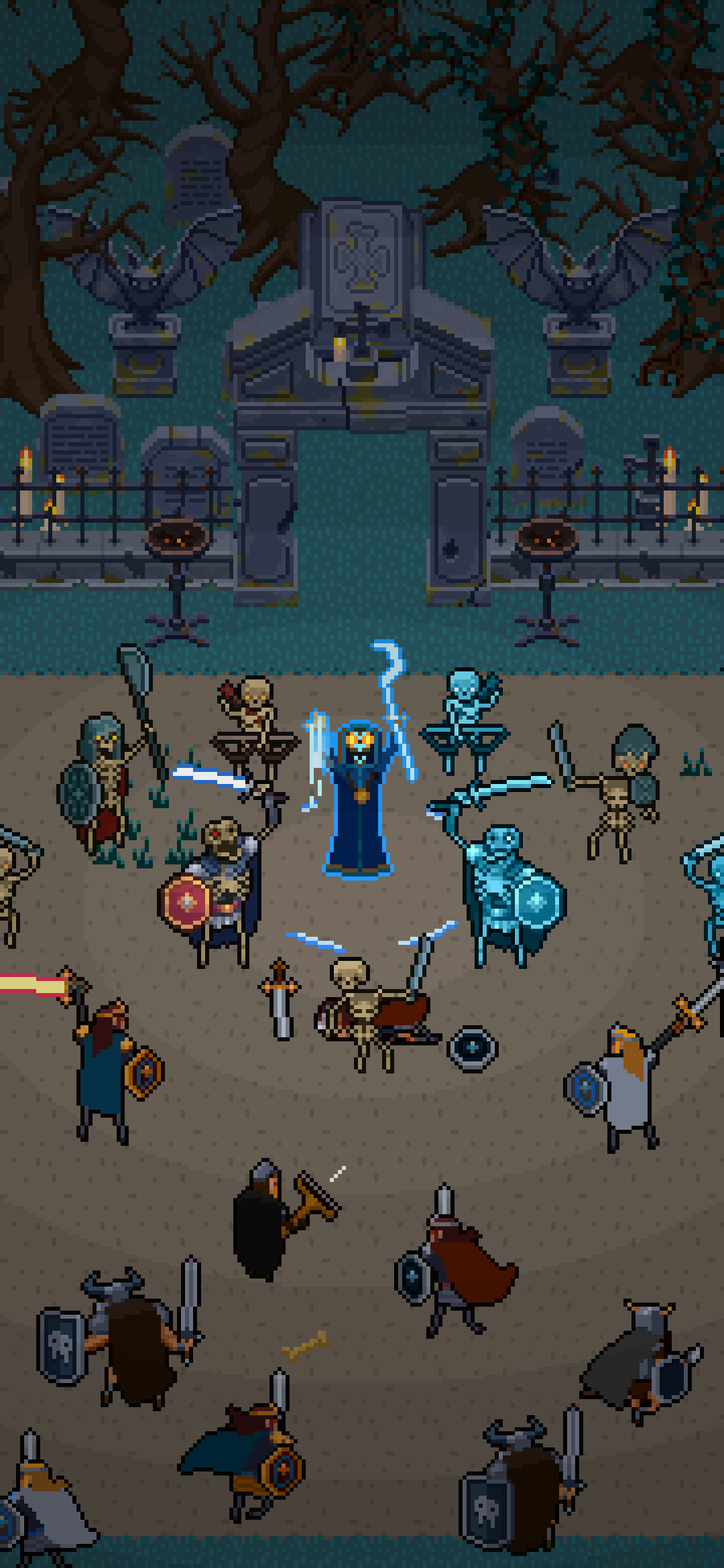 Grave Harvest gameplay: a hooded necromancer surrounded by skeleton warriors fights crusader knights in a moonlit graveyard.